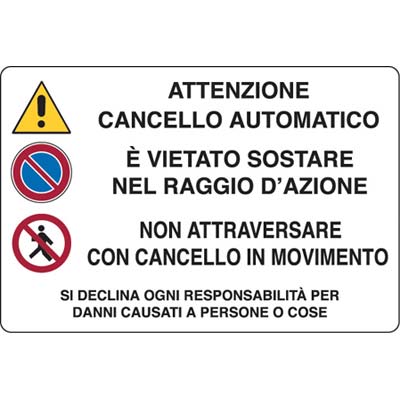 TARGA SEGNALETICA ATTENZIONE CANCELLO AUTOMATICO PP CM 30X20 Immagine principale del prodotto