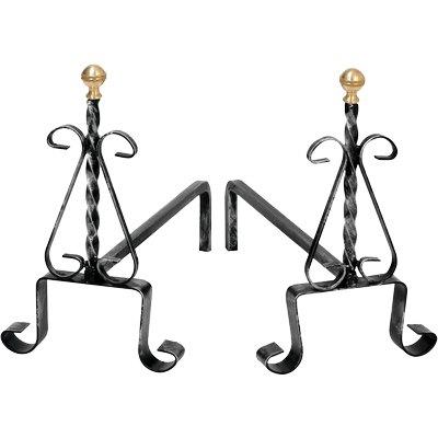 ALARI CAMINO TORTIGLIONE + RICCI FERRO BATTUTO + POMI OTTONE CM 35 H.CM 30 CF=PZ 2