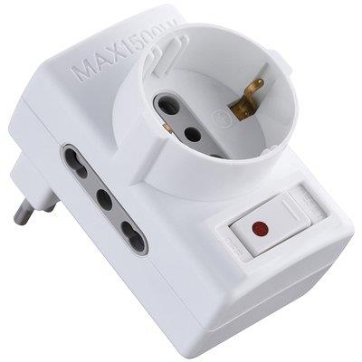 ADATTATORE TRIPLO 10A-16A+SCHUKO ELECTRALINE BIANCO 2P+T ASIMMETRICO + INTERRUTTORE TERMICO
