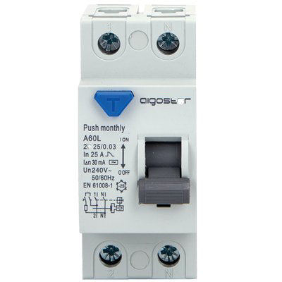 INTERRUTTORE DIFFERENZIALE PURO AIGOSTAR 2P VOLT 230 A 25 KA 6,0 MA 30 BIPOLARE Immagine principale del prodotto