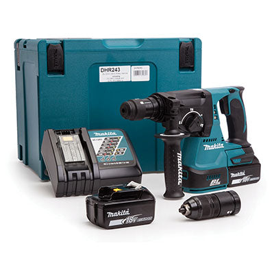 MARTELLO TASSEL SCALPELL BATTERIA DHR243RTJ MAKITA VOLT 18X2 AH 5,0 SDS PLUS + VALIGIA