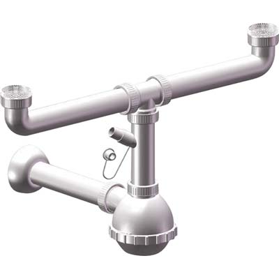 SIFONE PP A BOTTIGLIA 2 VASCHE + 1 ATTACCO BIANCO MM 40/32 1"1/2 Immagine principale del prodotto