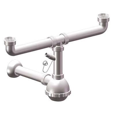 SIFONE PP A BOTTIGLIA 2 VASCHE + 1 ATTACCO BIANCO MM 40/32 1"1/4 Immagine principale del prodotto