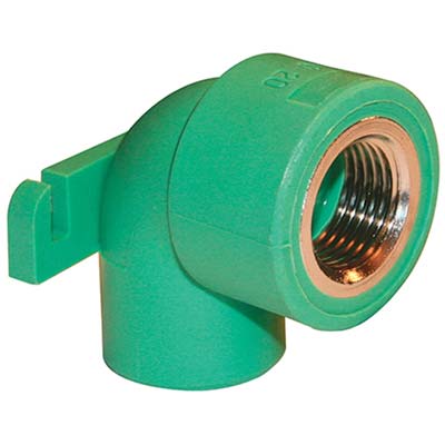 GOMITO PPR A SALDARE 90° F.FEMMINA + STAFFA VERDE/OTTONE MM 20X1/2F
