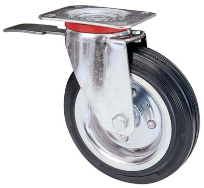 RUOTA A FORCELLA GIREVOLE + FERMO 80BIS AVO A/ZINCR/GOMMA NERA D.MM 150X40 P.MM 115X85 Immagine principale del prodotto